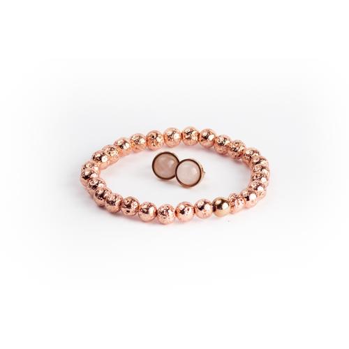 Rose gold festett lávakő ásványkarkötő rózsakvarc fülbevalóval